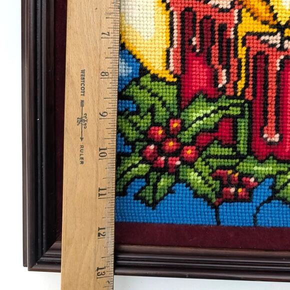 Vtg 1985 Framed Christmas Sunset Needlepoint Stained Glass Candles Completed - Picture 13 of 15